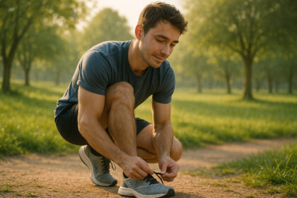 Jeune adulte nouant ses lacets dans un parc ensoleille