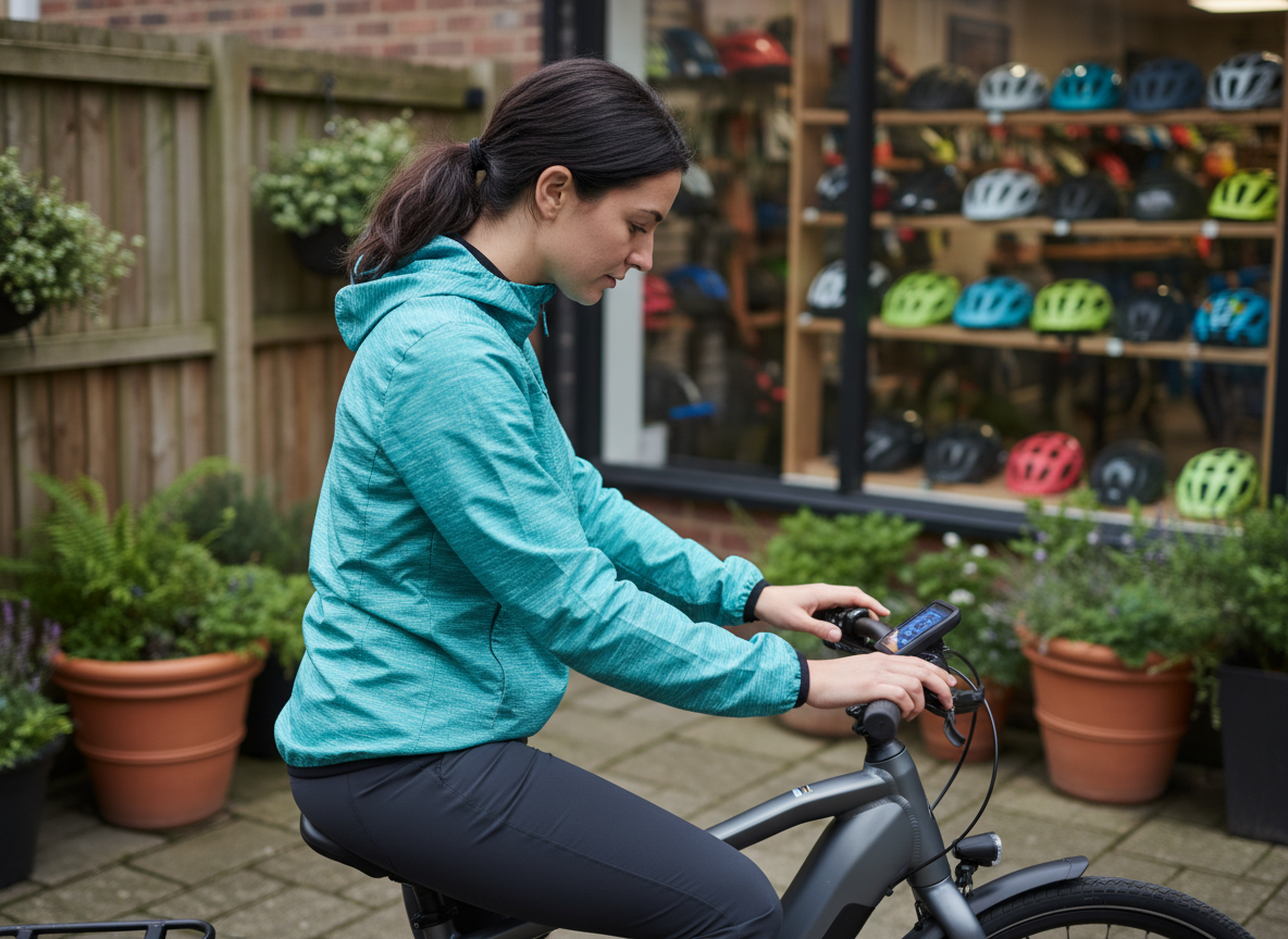 Jeune femme inspecte un vélo électrique dans une cour de magasin