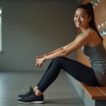 Jeune femme sportive en salle de sport en train de s'étirer