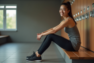 Jeune femme sportive en salle de sport en train de s'étirer