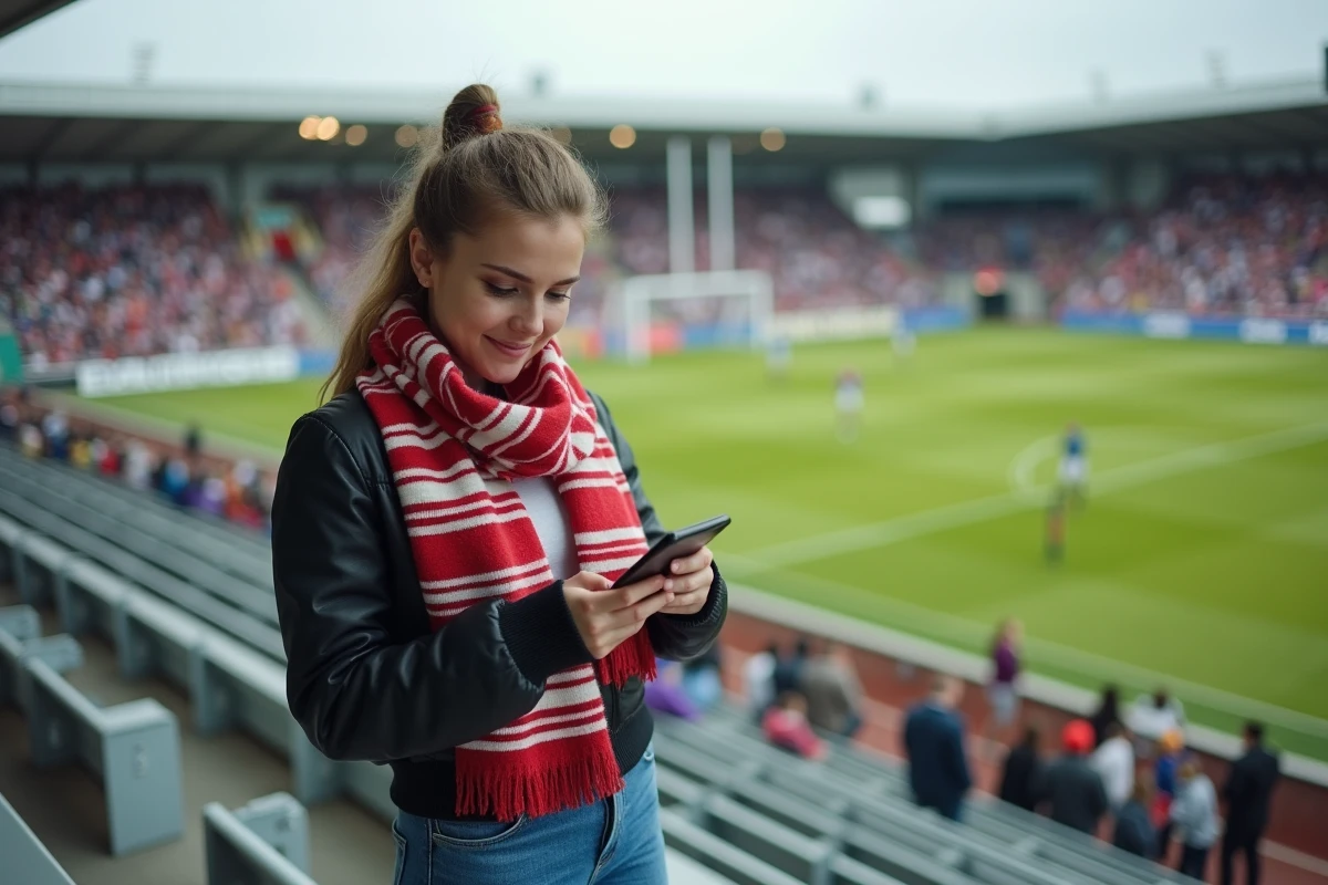 Jeune femme regardant résultats rugby sur smartphone au stade