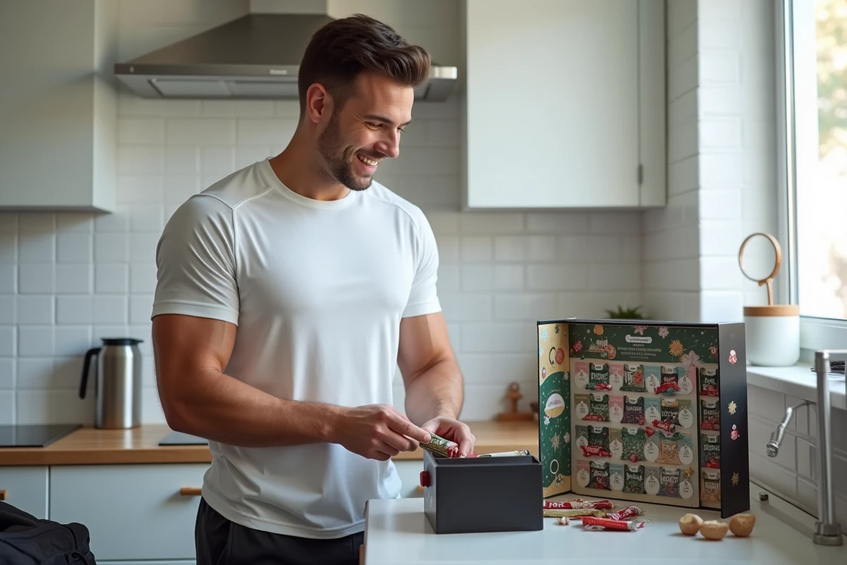 Jeune homme sportif ouvrant une case d'un calendrier de l'Avent sport dans sa cuisine
