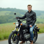 Jeune homme en moto dans la campagne paisible
