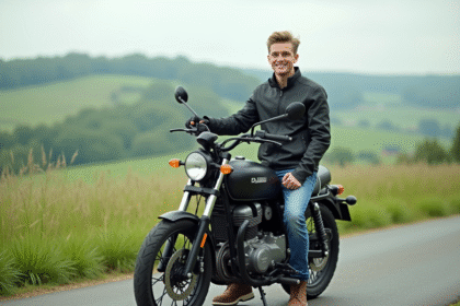 Jeune homme en moto dans la campagne paisible
