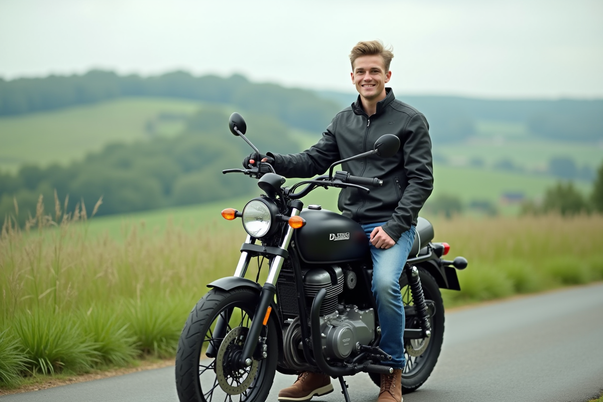 Jeune homme en moto dans la campagne paisible