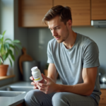 Jeune homme en cuisine lisant une bouteille de probiotiques