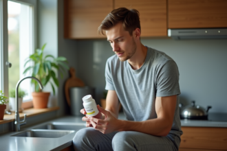 Jeune homme en cuisine lisant une bouteille de probiotiques