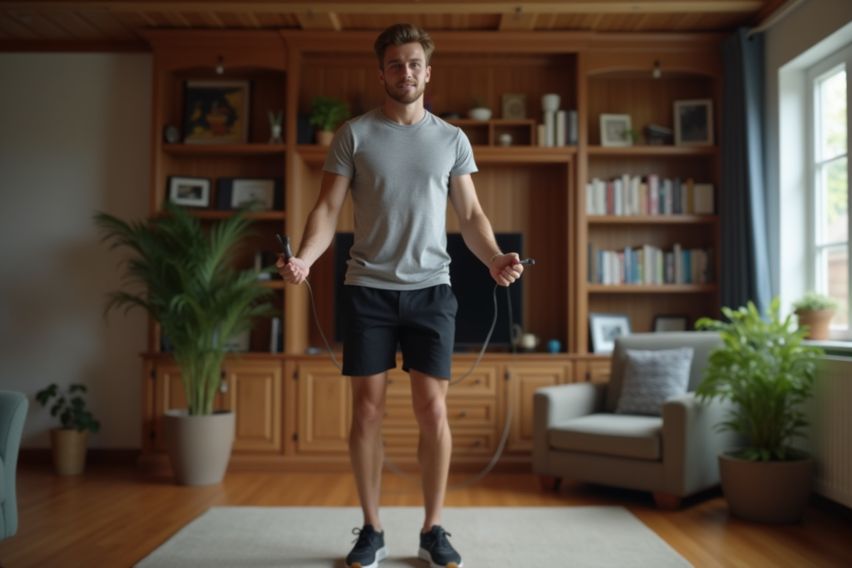 Jeune homme sautant à la corde dans un salon chaleureux