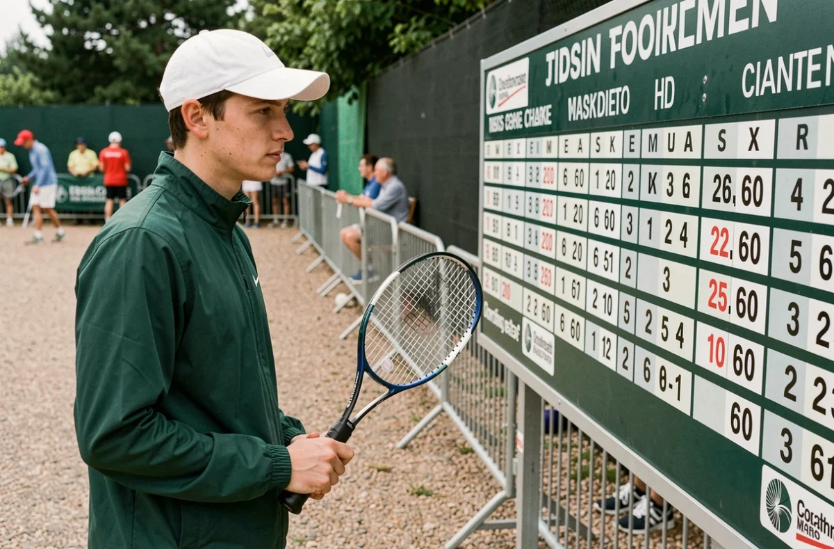 Jeune joueur de tennis observant le tableau de scores et points de classement lors d'un tournoi officiel en extérieur