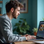 Jeune homme montage vidéo avec logo football sur ordinateur