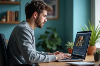 Jeune homme montage vidéo avec logo football sur ordinateur