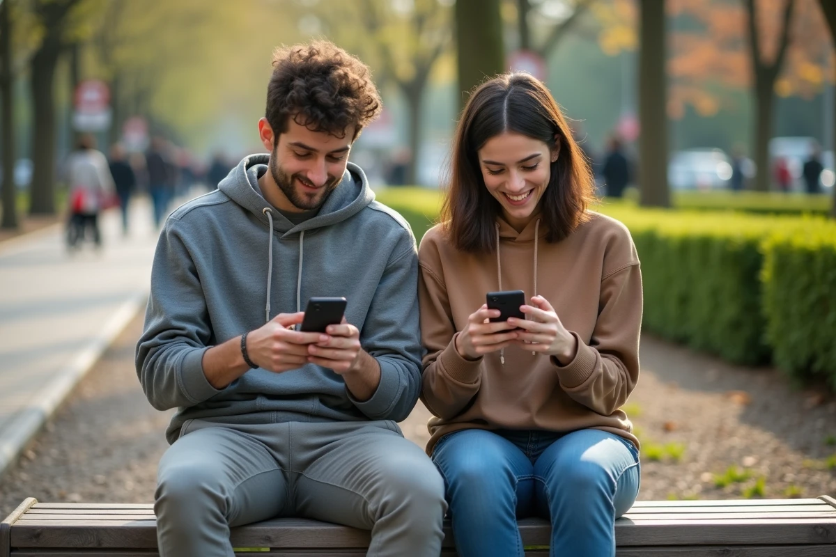 Deux jeunes adultes consultant les réseaux sociaux d'un club de football sur leurs smartphones assis dans un parc urbain