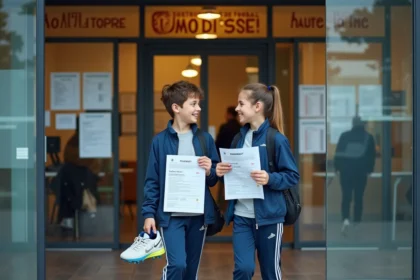 Jeune garçon et fille en tenue de sport à l'entrée du club de football