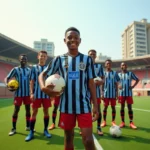 Jeunes joueurs de football à Kinshasa avec terrain neuf