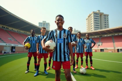 Jeunes joueurs de football à Kinshasa avec terrain neuf