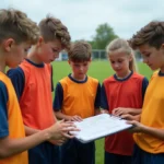 Groupe de jeunes footballeurs regardant un tableau de ligue