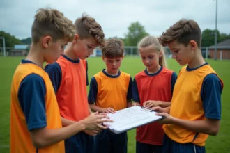 Groupe de jeunes footballeurs regardant un tableau de ligue