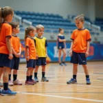 Jeunes joueurs de handball en entraînement sur un court intérieur