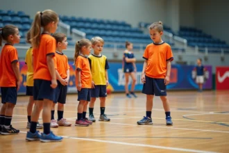 Jeunes joueurs de handball en entraînement sur un court intérieur