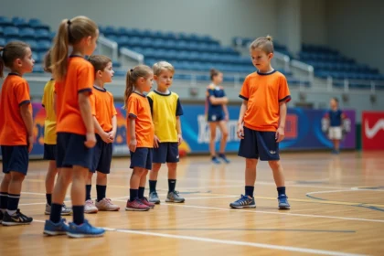 Jeunes joueurs de handball en entraînement sur un court intérieur