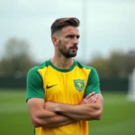 Joueur de football du FC Nantes en maillot jaune et vert sur le terrain d'entraînement, air pensif, rumeurs de transfert