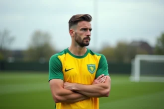 Joueur de football du FC Nantes en maillot jaune et vert sur le terrain d'entraînement, air pensif, rumeurs de transfert