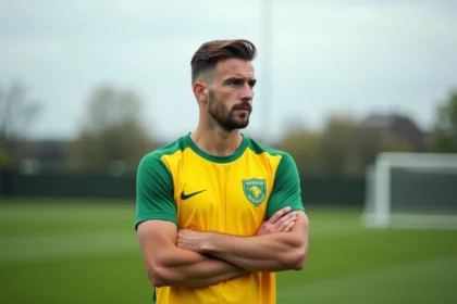 Joueur de football du FC Nantes en maillot jaune et vert sur le terrain d'entraînement, air pensif, rumeurs de transfert