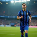 Jeune footballeur en action après un match de Ligue des Champions