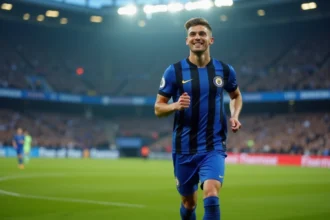 Jeune footballeur en action après un match de Ligue des Champions