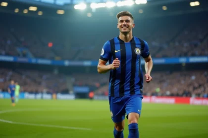 Jeune footballeur en action après un match de Ligue des Champions
