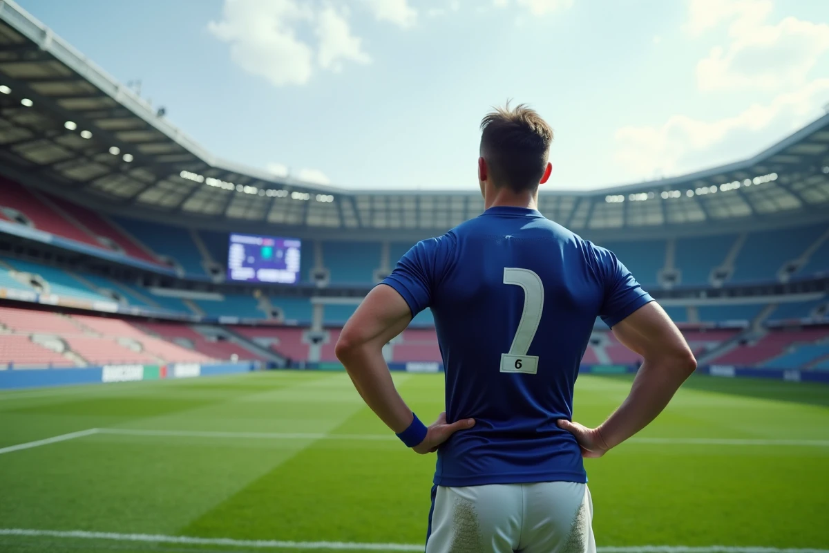 Joueur du XV de France U20 devant le tableau d'affichage d'un stade lors de la Coupe du monde de rugby