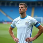 Joueur de football de l'OM en maillot blanc et bleu ciel sur la pelouse du stade après un match, expression concentrée
