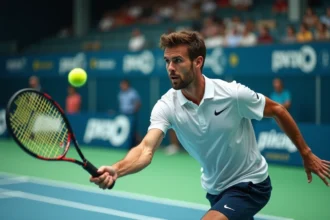 Joueur de padel masculin en plein smash lors d'un tournoi P500 sur court indoor avec parois en verre