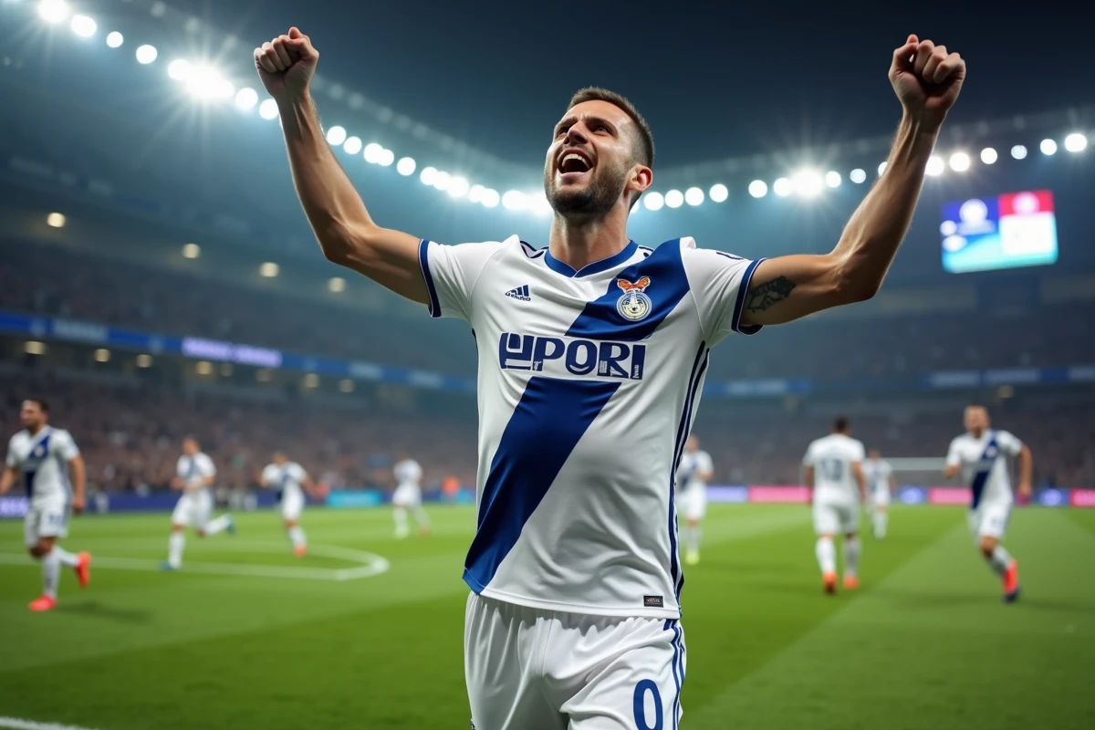 Joueur du FC Porto célébrant un but en Ligue des champions avec une émotion intense sur le visage