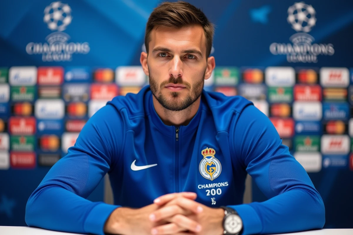 Joueur du FC Porto en conférence de presse après un match de Ligue des champions devant un fond UEFA