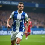 Joueur du FC Porto en plein sprint lors d'un match de Ligue des champions avec le stade en arrière-plan flou