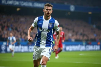 Joueur du FC Porto en plein sprint lors d'un match de Ligue des champions avec le stade en arrière-plan flou
