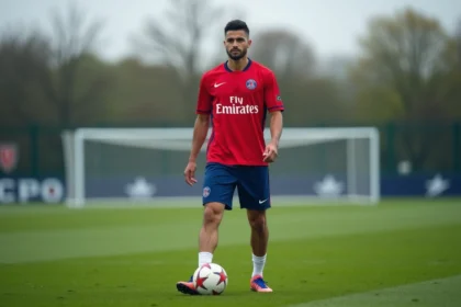 Joueur de football professionnel du PSG en tenue d'entraînement sur le terrain, illustrant les salaires et contrats des stars du club parisien en 2026