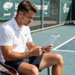 Joueur de tennis masculin consultant son classement ATP sur papier en bord de court, illustrant le système de points P100