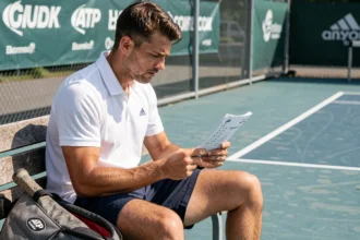 Joueur de tennis masculin consultant son classement ATP sur papier en bord de court, illustrant le système de points P100