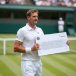 Joueur de tennis tenant un chèque de prize money sur le court central de Wimbledon