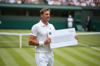 Joueur de tennis tenant un chèque de prize money sur le court central de Wimbledon