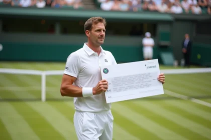 Joueur de tennis tenant un chèque de prize money sur le court central de Wimbledon
