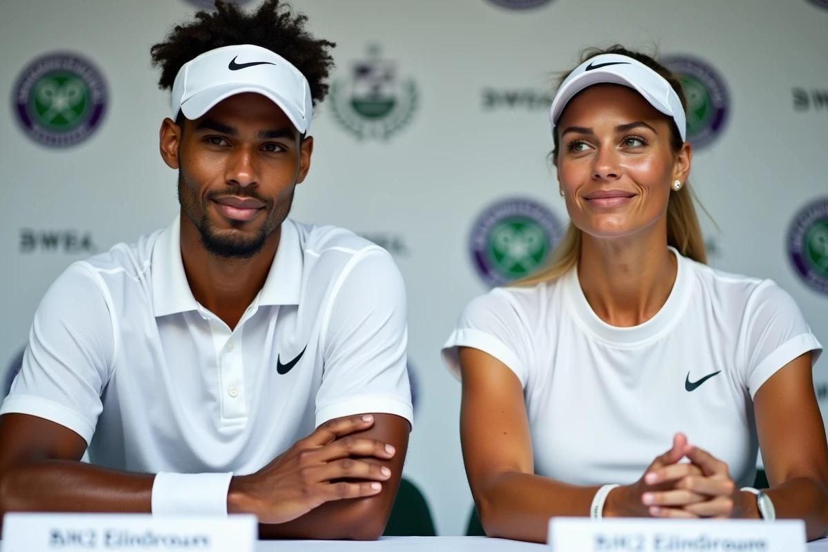 Deux joueurs de tennis en conférence de presse discutant des gains du tournoi de Wimbledon