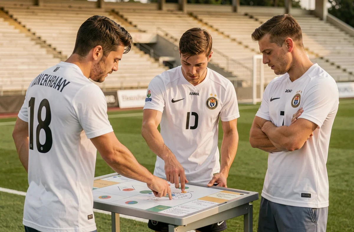 Joueurs de football en Ligue 1 discutant de tactique à l'entraînement sur un terrain professionnel