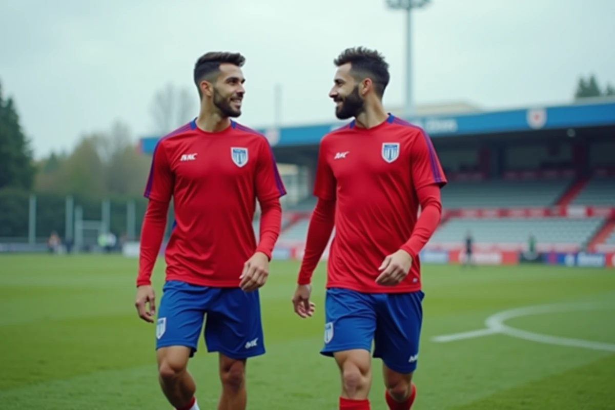 Deux joueurs du PSG en discussion lors d'une séance d'entraînement, évoquant les enjeux des renouvellements de contrats et des salaires au club parisien en 2026