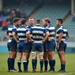 Joueurs de rugby en discussion tactique lors d'un match de Fédérale 1 Poule 2, mi-saison