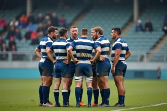 Joueurs de rugby en discussion tactique lors d'un match de Fédérale 1 Poule 2, mi-saison