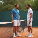 Deux jeunes hommes discutent sur un court en terre battue