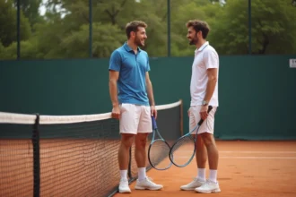 Deux jeunes hommes discutent sur un court en terre battue